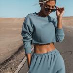 Fashion Long Sleeve Round Neck Cotton Polyester Crop Top