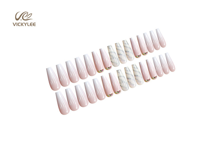 Fashionable Long Coffin Marbling ballerina fake nails Full Cover