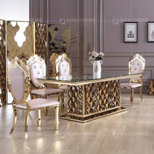 Wholesale Qiancheng ODM Tempered Glass Dining Table Golden Stainless Steel For Wedding from china suppliers