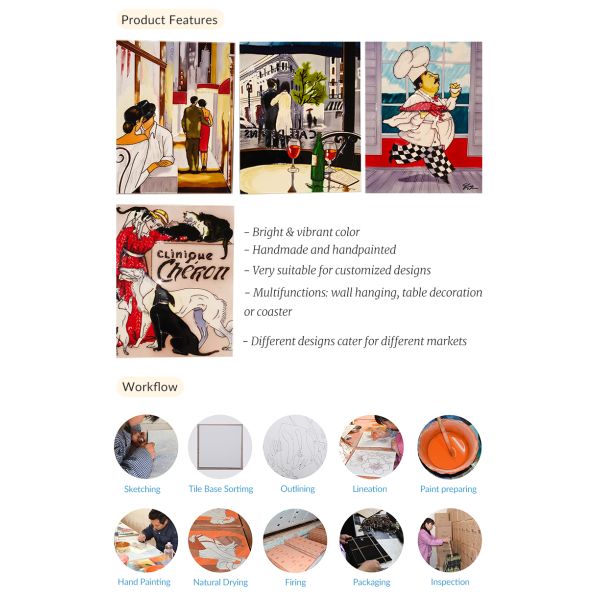 20x20cm Hand-Painted and Hand-Crafted Ceramic Art Tile Picture Pottery & Enamel Wall Hanging for Home Decoration
