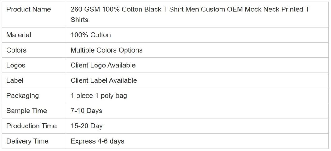 100% Cotton Black T Shirt Men Custom Casual Mock Neck Printed T Shirts