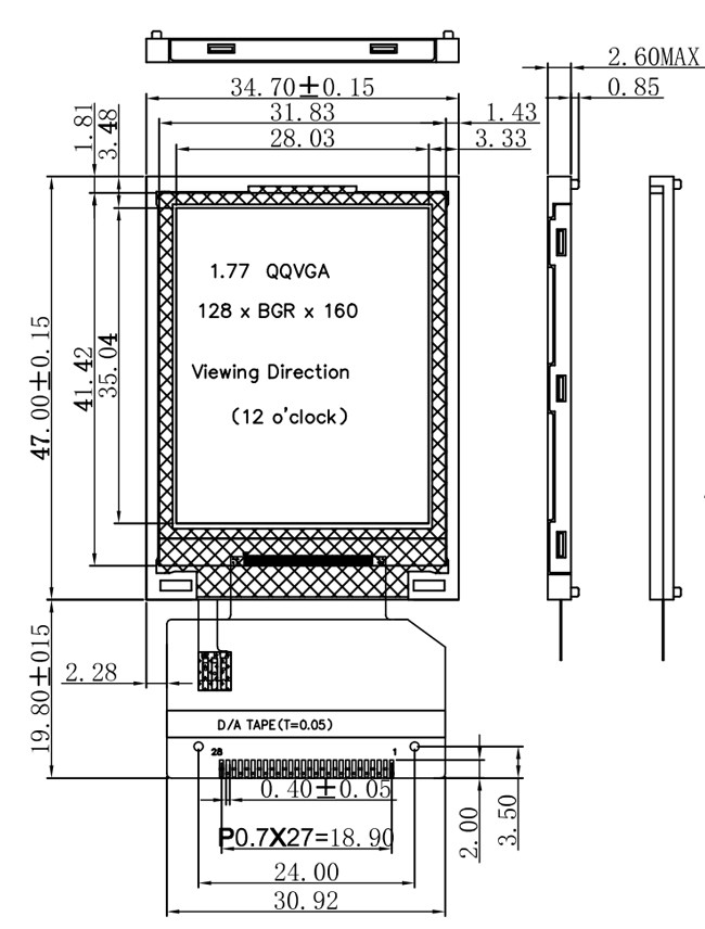 1.8 Inch Industrial TFT Display 128x160 Dots 16 Bit Interface With White LED Backlight