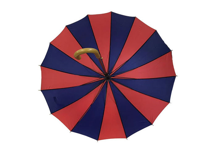 Lightweight Red Blue Wooden Handle Umbrella Wind Resistant Strong Sturdy