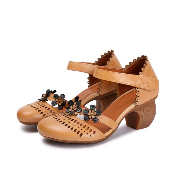 S341 Spring Hollow Leather Flowers Fashion Simple Single Shoes Ethnic Retro High