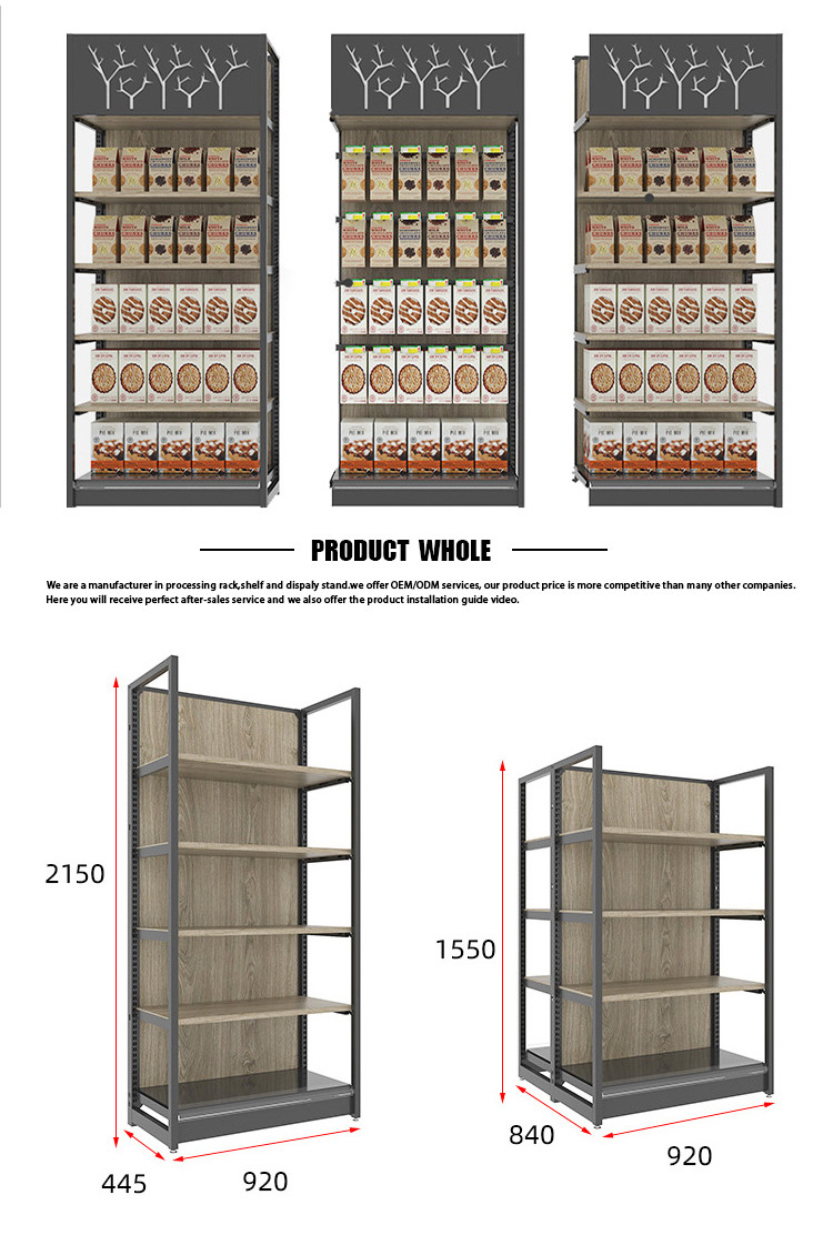 Customized Supermarket Display Shelving Durable Steel And Wood Store Display Shelf