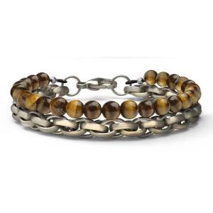 Wholesale Fashion Men's Beaded Bracelet Silver Plated Stainless Steel With Tiger Eye Stone Ball Shape from china suppliers