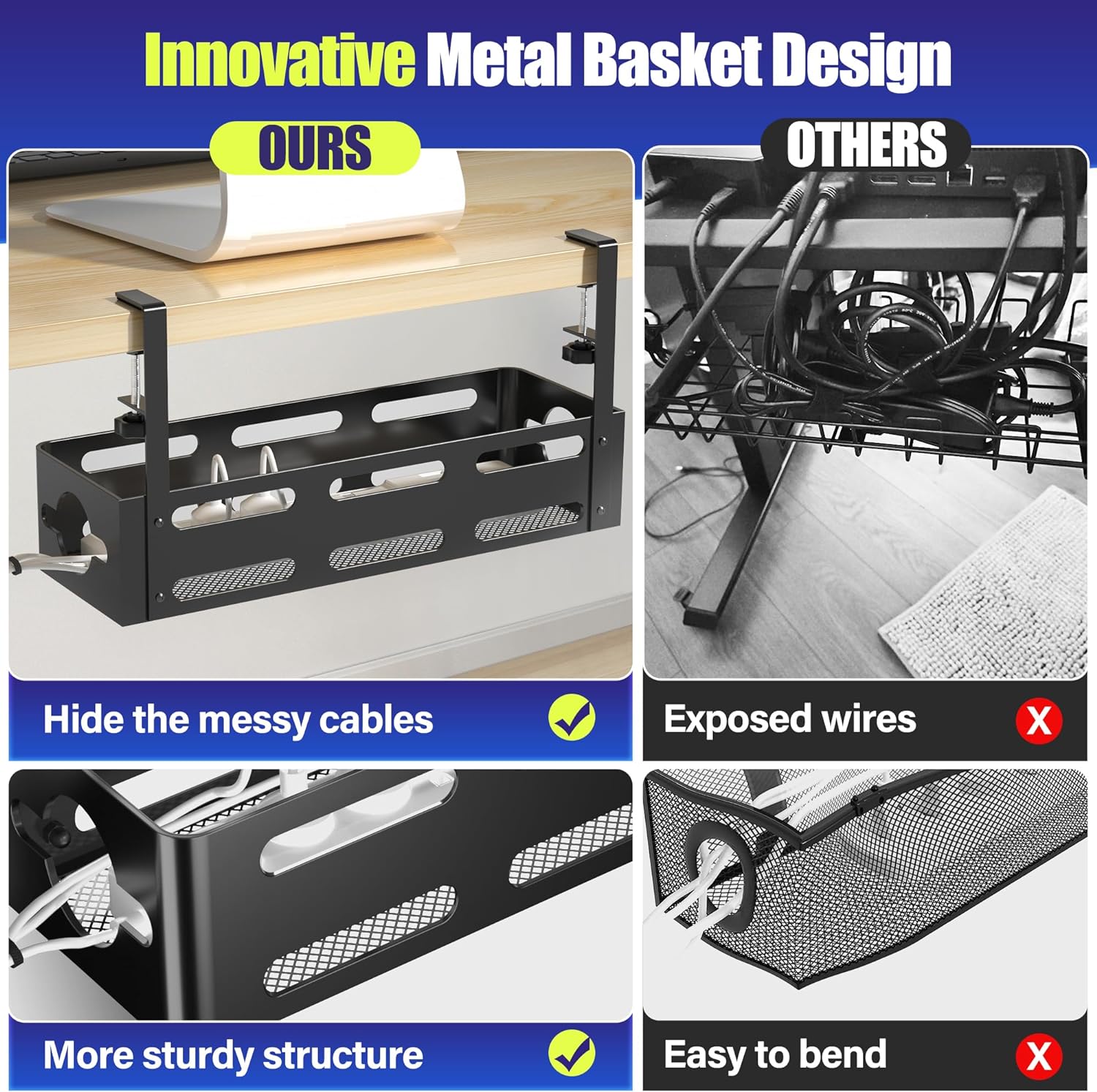 Functional Design Multifunctional Metal Cable Management Box for Desk Cord Organizers