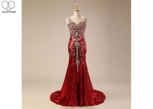 China Ladies Long Tail Gown Sleeveless Shiny Sequin Fabric Lace Beaded Red Carpet Wear on sale