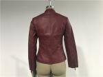 Mandarin Collar Womens PU Leather Jacket , Burgundy Pleather Biker Jacket