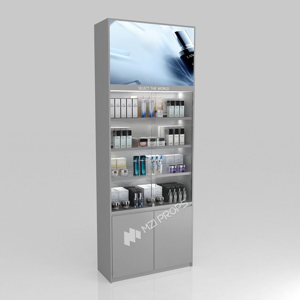Beauty Shop Interior Design Grey Wooden Counter, Fashionable And Simple With Light Box For Branding Store Fixtures And Luxury Store Decoration