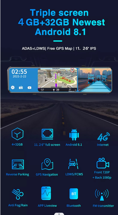 uSB Android 8.1 4g Mirror HD1080P Car DVR Camera blackbox With ADAS Wifi GPS Navigation