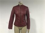 Mandarin Collar Womens PU Leather Jacket , Burgundy Pleather Biker Jacket