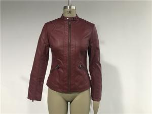 Wholesale Mandarin Collar Womens PU Leather Jacket , Burgundy Pleather Biker Jacket TW75801 from china suppliers