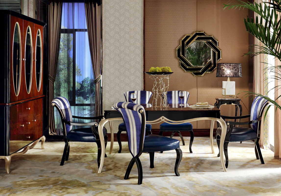 New classic Luxury Furniture Round Dining Tables and Wine Cabinet in glossy painting with Leather Upholstered Chairs