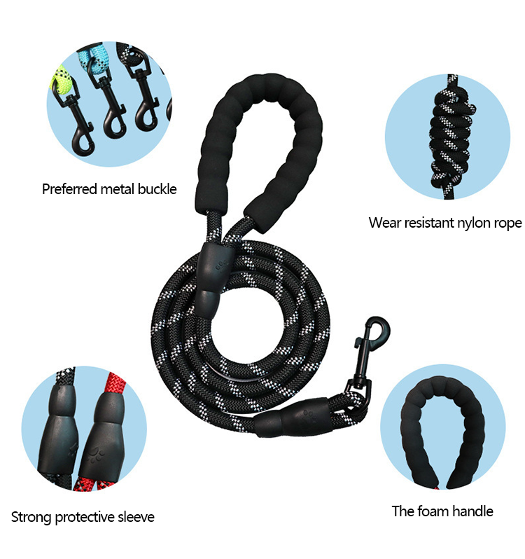 Pet Leashes Padded Handle Customized Color Portable Comfortable Free Reflective Nylon Rope