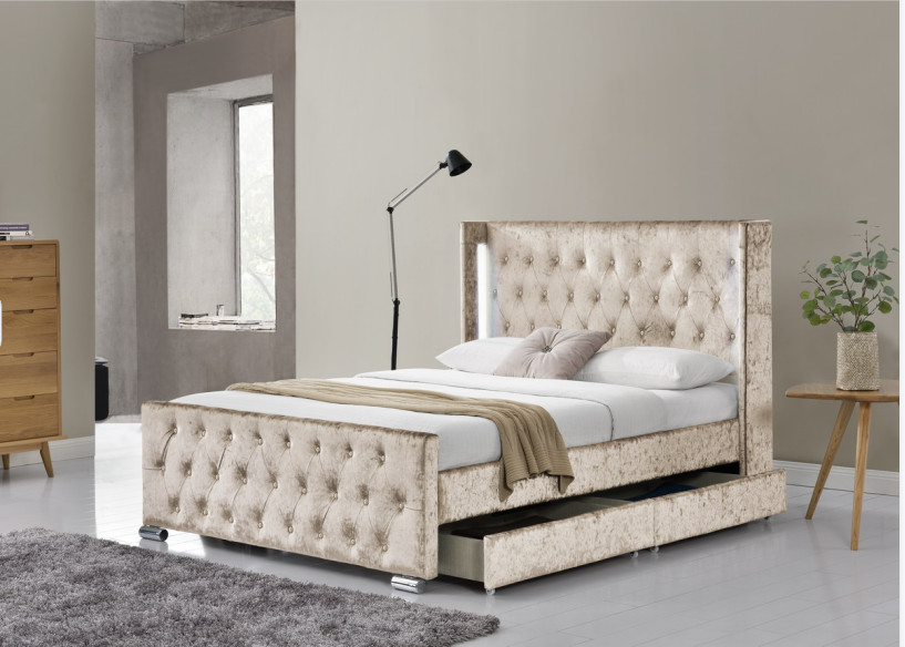 Tufted Storage Velevt Bed With LED Light And Diamand Buttons