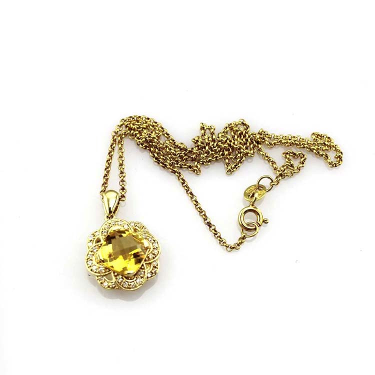 18k Yellow Gold Plated 925 Silver 8mm Round Champagne Citrine CZ Flower Style Pendant Necklace (P09)