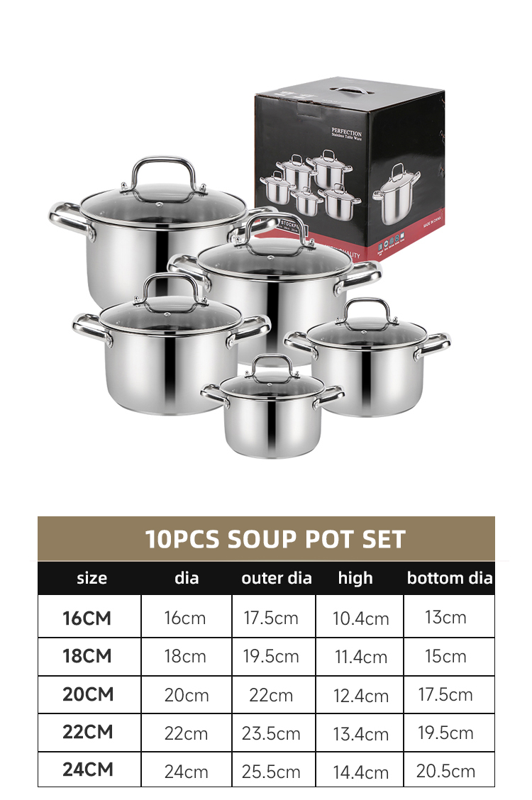 Hot Sale 10 Piece Royal Kitchen Cookware Set Stainless Pot Cooking Cookware Soup Pot