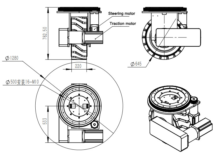 Industrial Electric AGV 48V 5KW Steering Heavy Duty Robot Wheels 645mm
