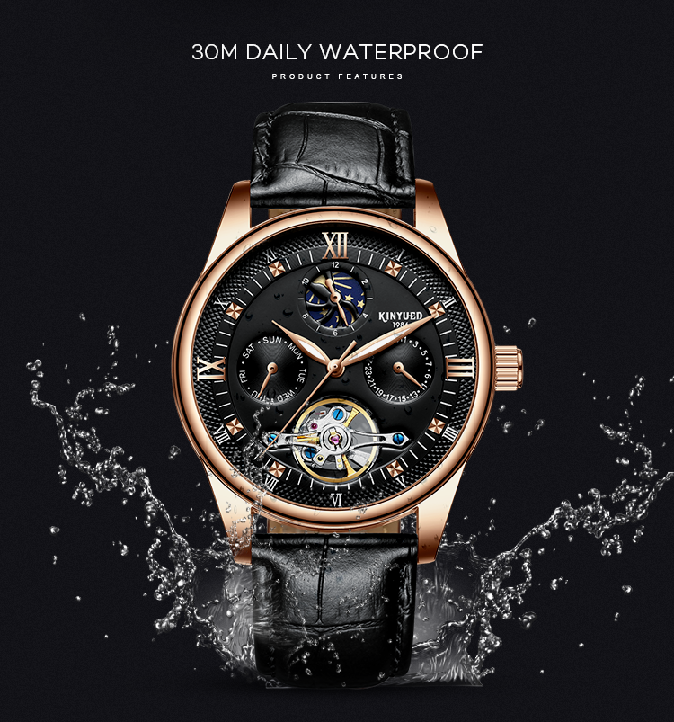 KINYUED genuine leather tourbillon mens automatic watch men moon phase watch men wristwatch
