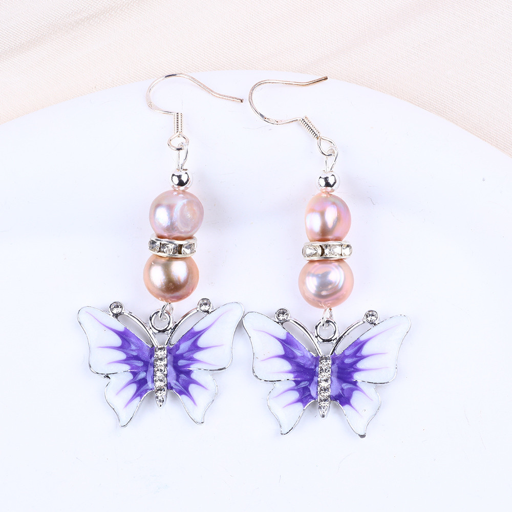 9MM Purple Baroque Fresh Water Pearl Earrings With Butterfly Charm