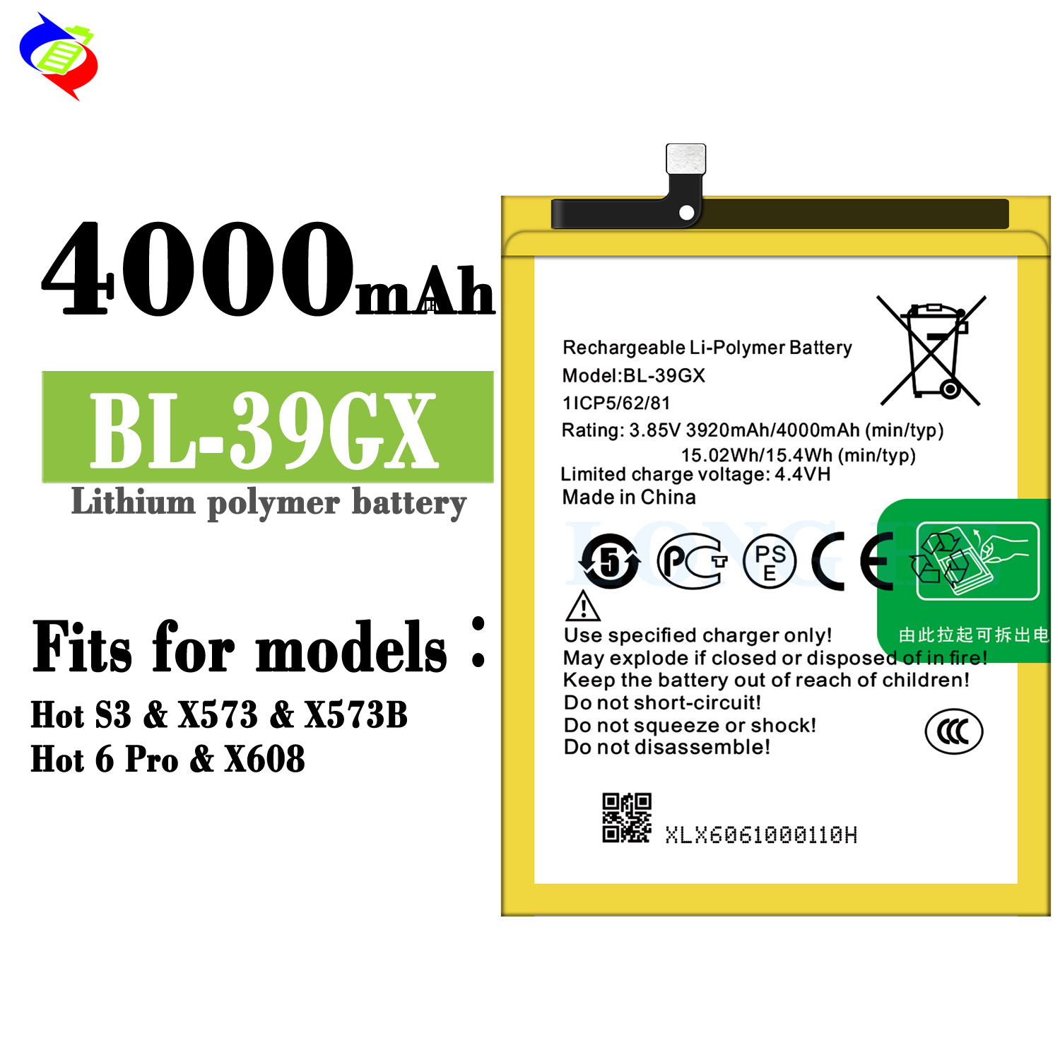 4000mAh BL-39GX X573 Mobile Phone Battery for Infinix Hot S3 Stocked and Rechargeable