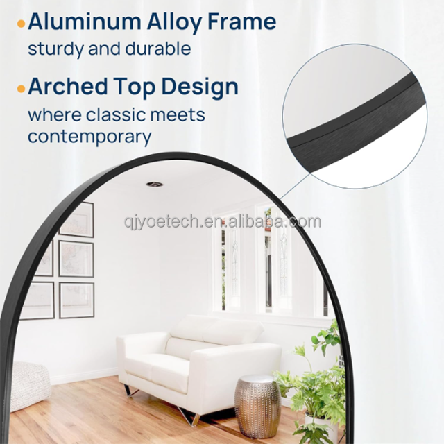 Aluminium Color Golden Arch Shape Bathroom Wall Mount Mirror with Brushed Metal Frame