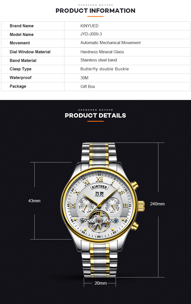 KINYUED Brand Two-Tone Gold Silver Case Automatic Movement Solid Stainless Steel Strap Waterproof Mechanical relojes