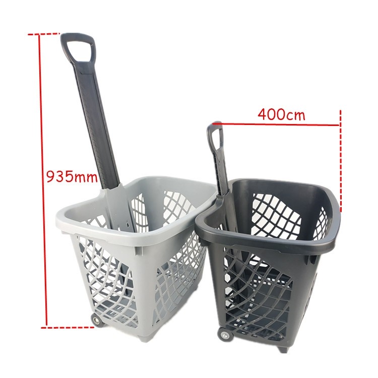 43L Capacity Supermarket Telescopic Handle Plastic Shopping Baskets With Wheels