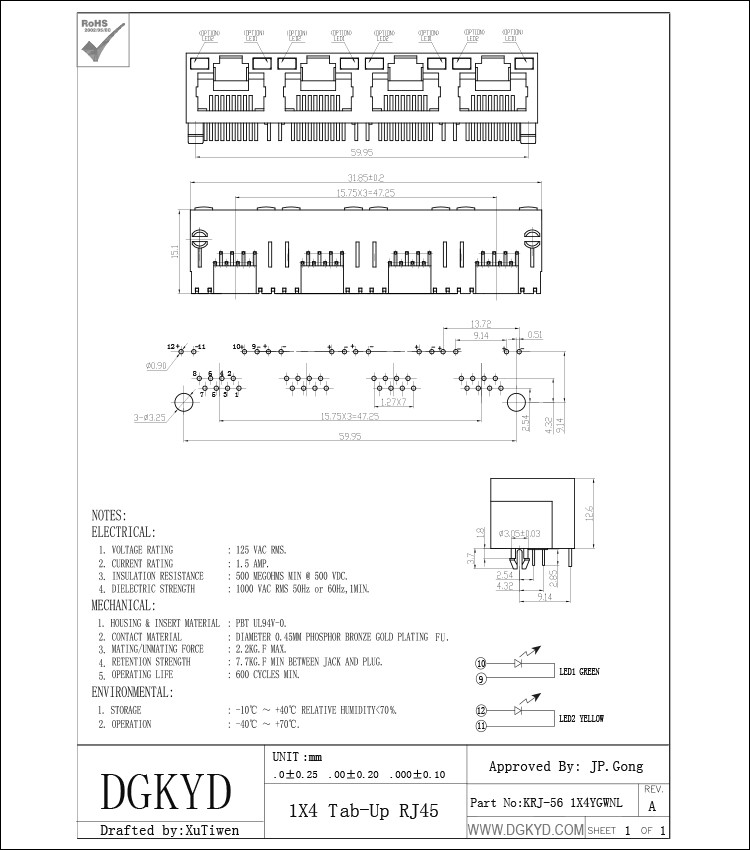 tab up 4 position rj45 keystone jack with Y/G LEDs, black color