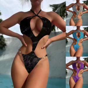 Wholesale Sexy Halter 1 Piece Bathing Suits Openwork Sexy One Piece Bikini Metal Chain Beach from china suppliers