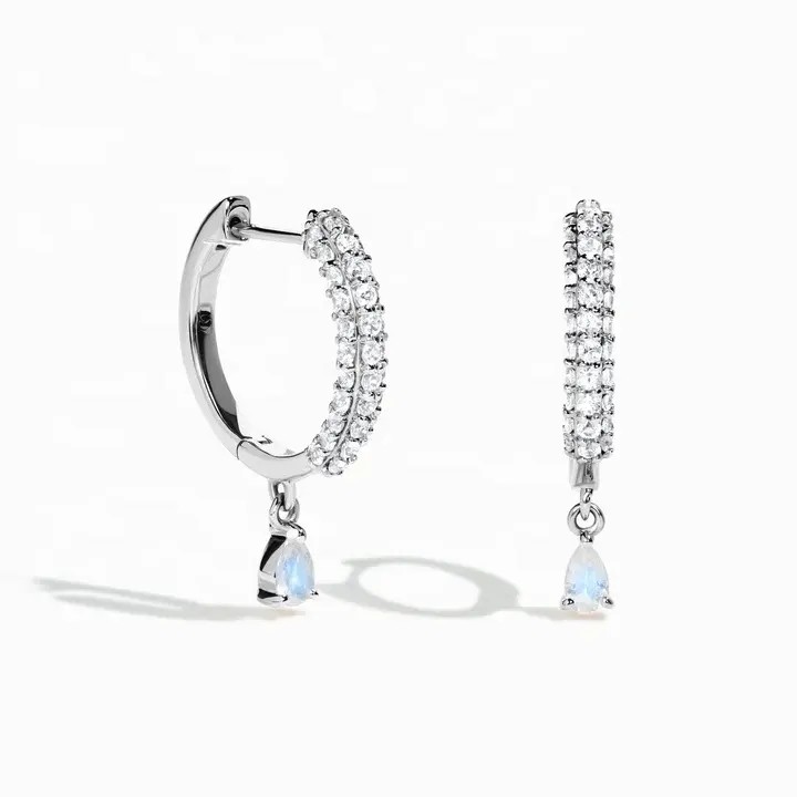 Rose Gold Plated 925 Sterling Silver Rainbow Moonstone Earrings Baguette Cut