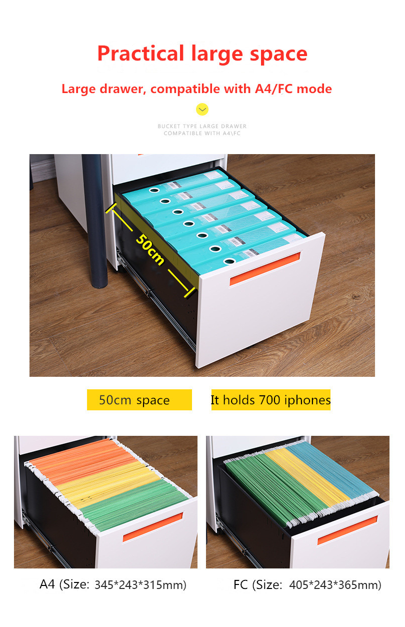 0.6mm Cold Rolled Steel 3 Drawer Lateral File Cabinet Moblie