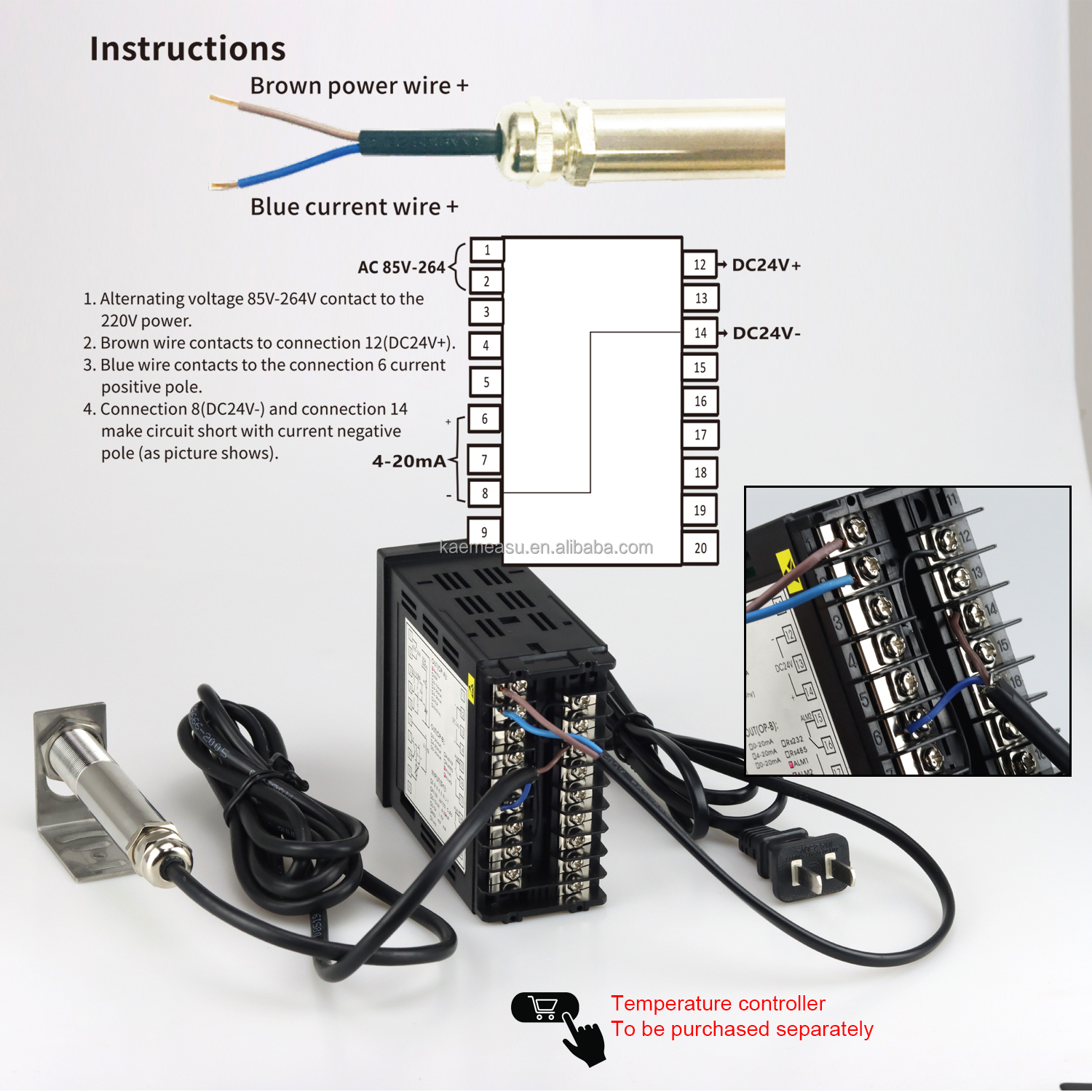 kaemeasu 4~20 mA Stainless Steel Transmitter Non Contact Infrared Temperature Sensor -50~100℃