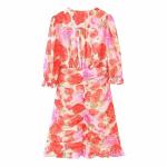 OEM maufactory Oil Painting Rose Printed Pleated V Neck Polyester Short Sleeve
