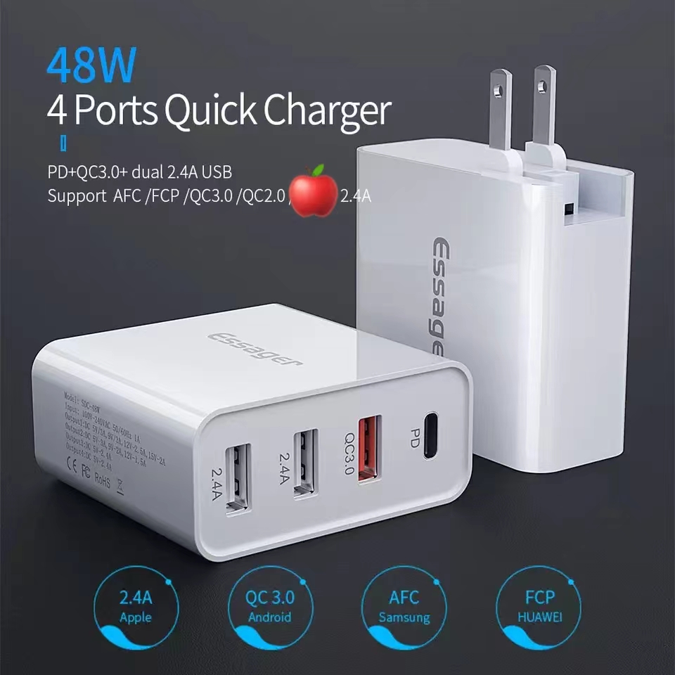 Essager 2021 Earl High-quality Essager 48W PD Charger 4 Port Wall Charger QC3.0 Wall Charger UK US Adapter