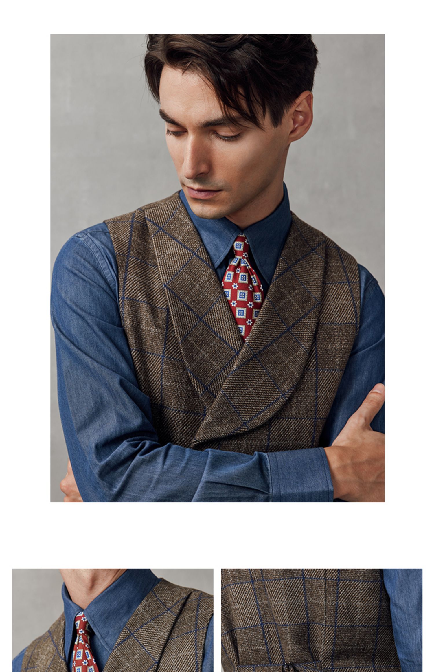 Spring Gentleman Brown Tweed Wool Silk Men's Vest with Double-Breasted Regular Length