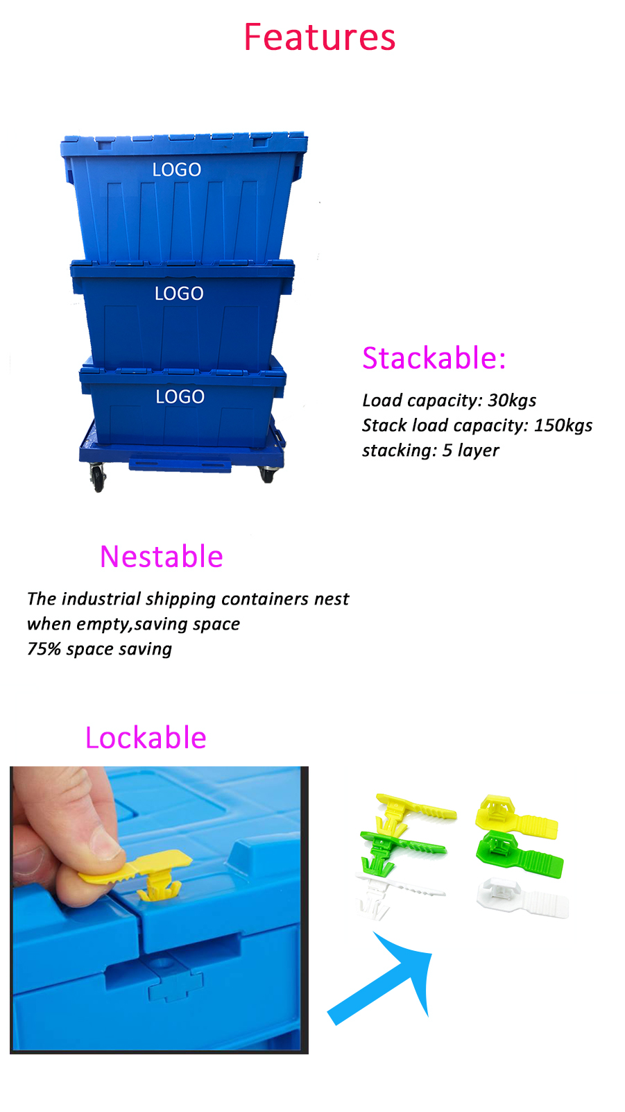Storage and Transportation Solution Stackable Plastic Crate with Lid ISO9001 Certified