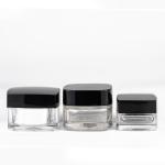 Eco - Friendly Glass Cosmetic Cream Jar Square Shape Clear Body Black Lid