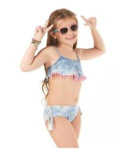 Wholesale Girls Washed Denim Ruffled Crop Top Bikini - Pompom from china suppliers