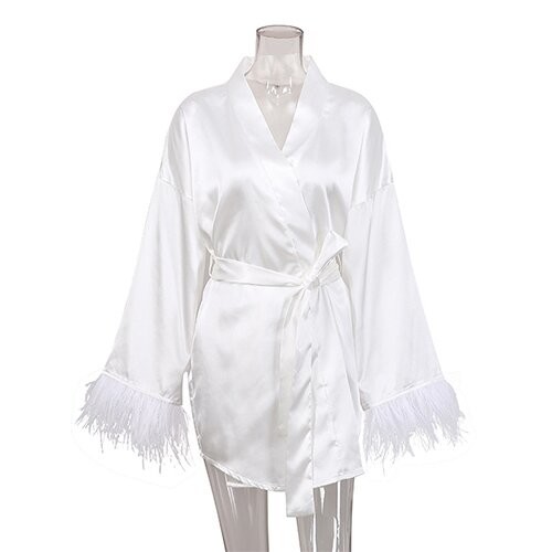 OEM maufactory Autumn Pajamas Sexy Bath Long Sleeved Feathers Satin Robe Pure Color French Leisure