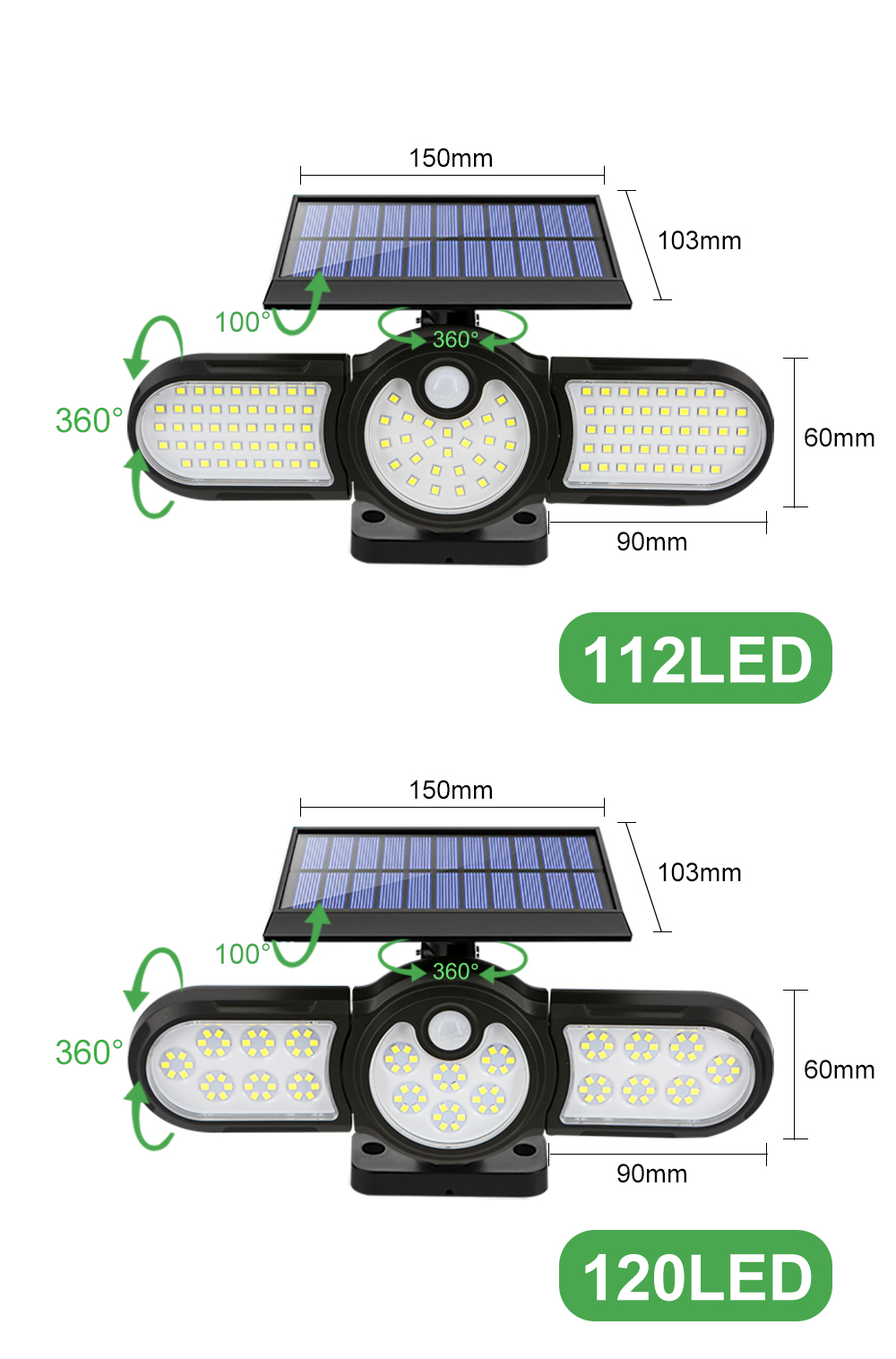 2400mAh 120LED USB Rechargeable Motion Sensor Light Three Head 140COB