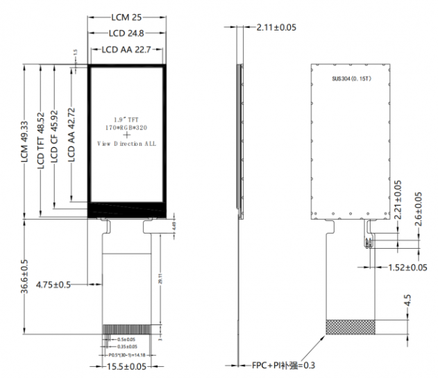 1.9-inch LCD display external dimensions diagram