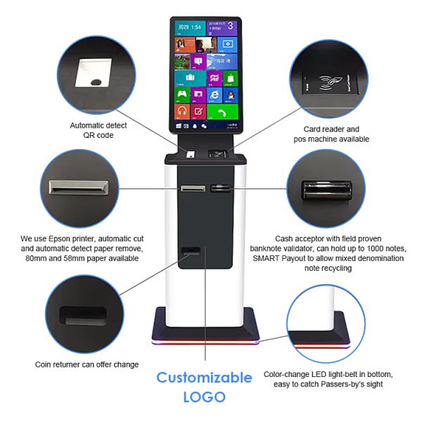 Hotel Modern Smart Self Check in Out Kiosk with Card Dispenser Ticket Printer Passport Scanner Cash Payment Kiosk Terminal