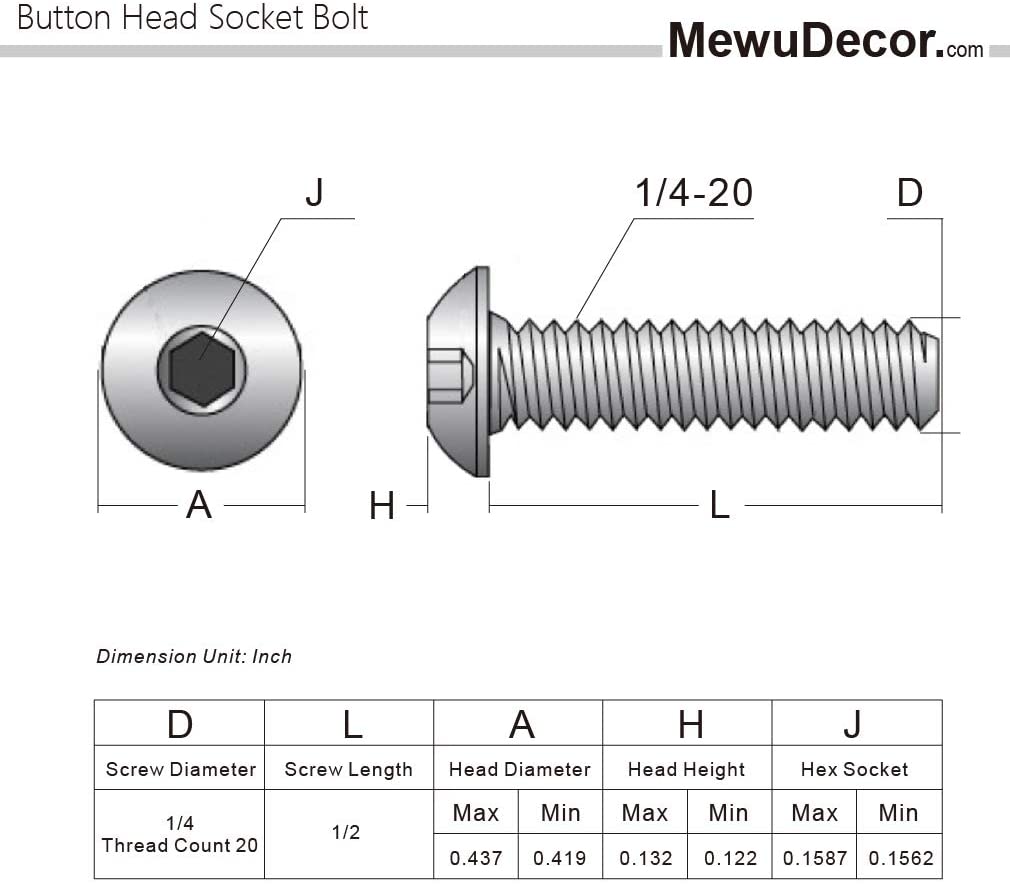1/4-20 x 1/2 Inch Button Head Socket Cap Bolts 18-8 Stainless Steel 304 Plain Finish Full Thread Allen Hex Drive Pan Head