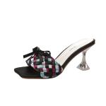 7018-6 European And American Sexy Square Toe Open Toe High Heels Bow Knot Thin