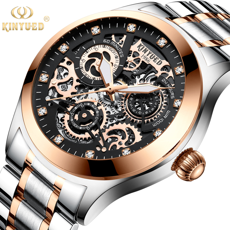 KINYUED oem waterproof custom logo leather fashion tourbillon skeleton wrist watch luxury automatic watches mens watch