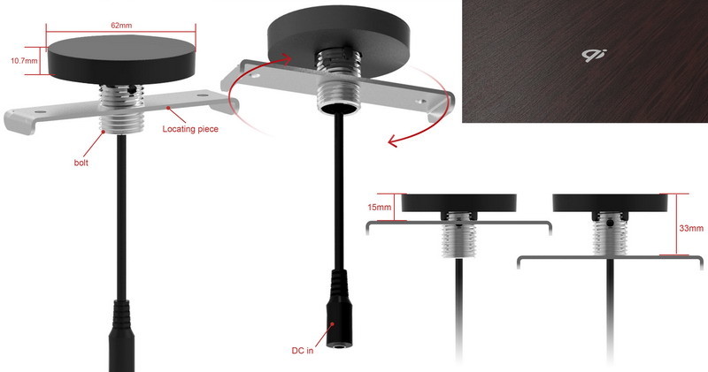 φ62x11.5mm Invisible Fast Wireless Charger , 75g Under Desk Charging Station