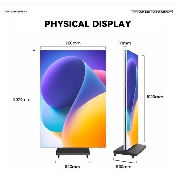 Three-fold LED Poster Screen in use showing folded and unfolded configurations