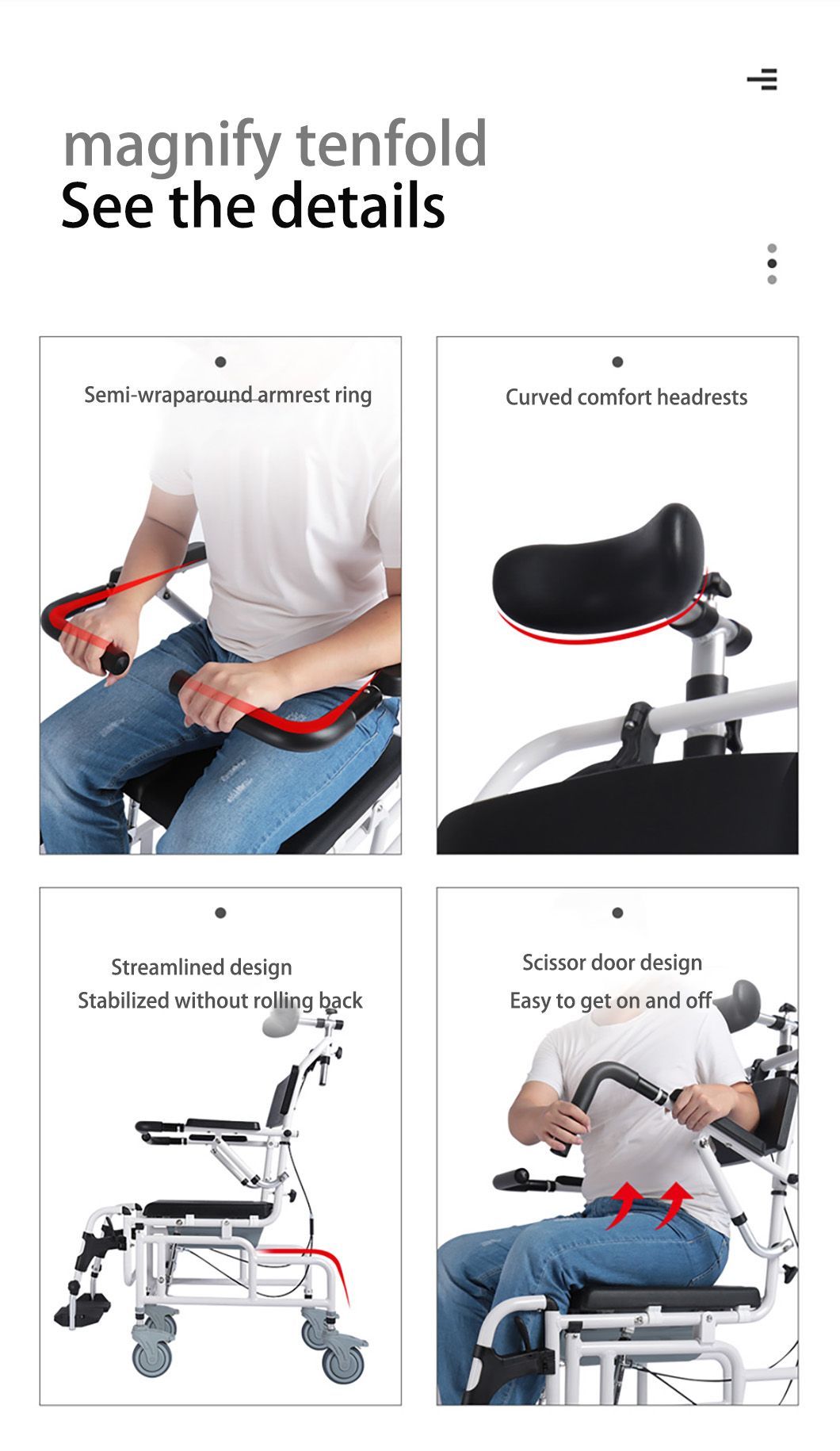 Bathroom Chair Patient Transfer Shower Blow Molding Hospital Toilet Portable Aluminum Commode Wheelchair for Disabled